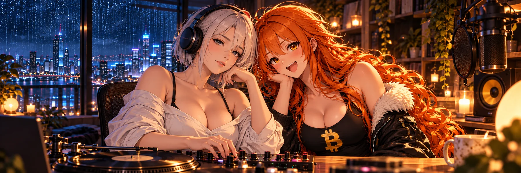 Concept artwork: LTC Girl and a red-haired guest host side by side at the mixer.