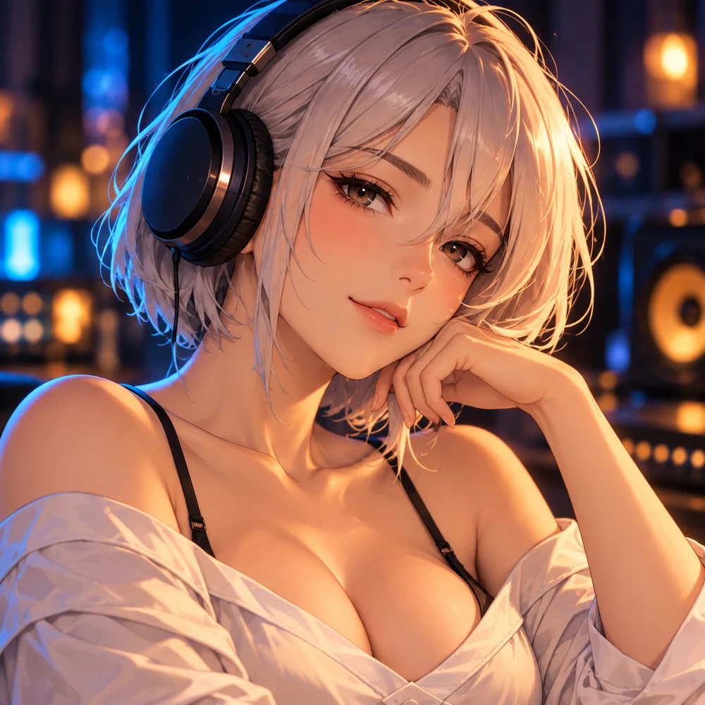 Close-up of LTC Girl: silver bob, navy headphones, chin resting on her hand, soft studio lights behind her.