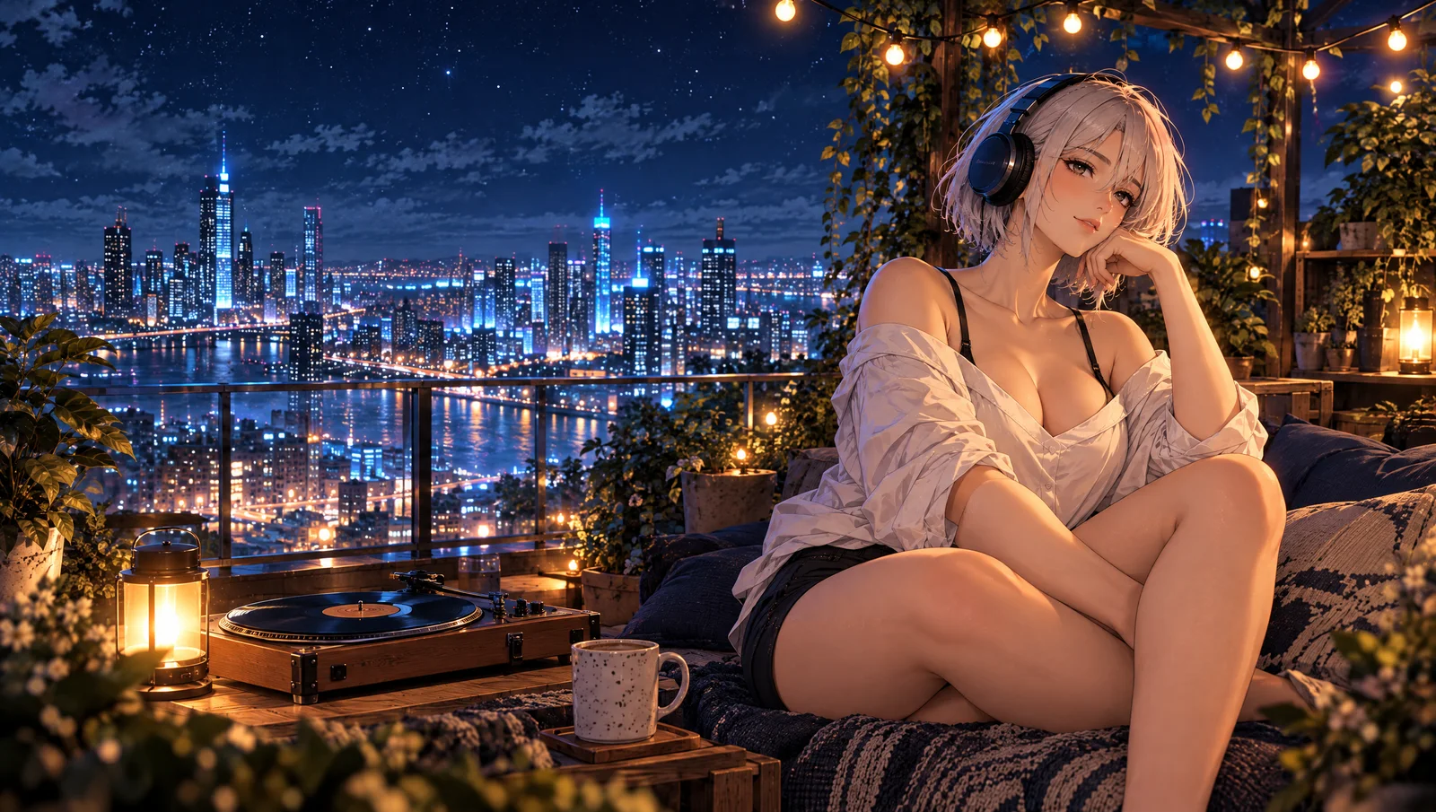 Concept: LTC Girl on a rooftop at night with a lantern and a portable turntable above the skyline.