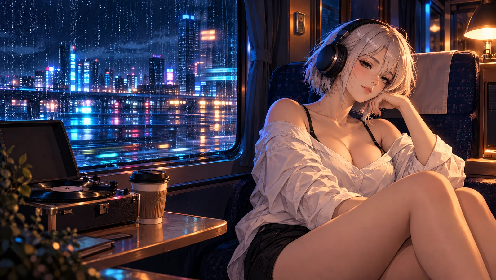 Concept: LTC Girl dozing by the window of a late-night train, city lights blurring past in the rain.