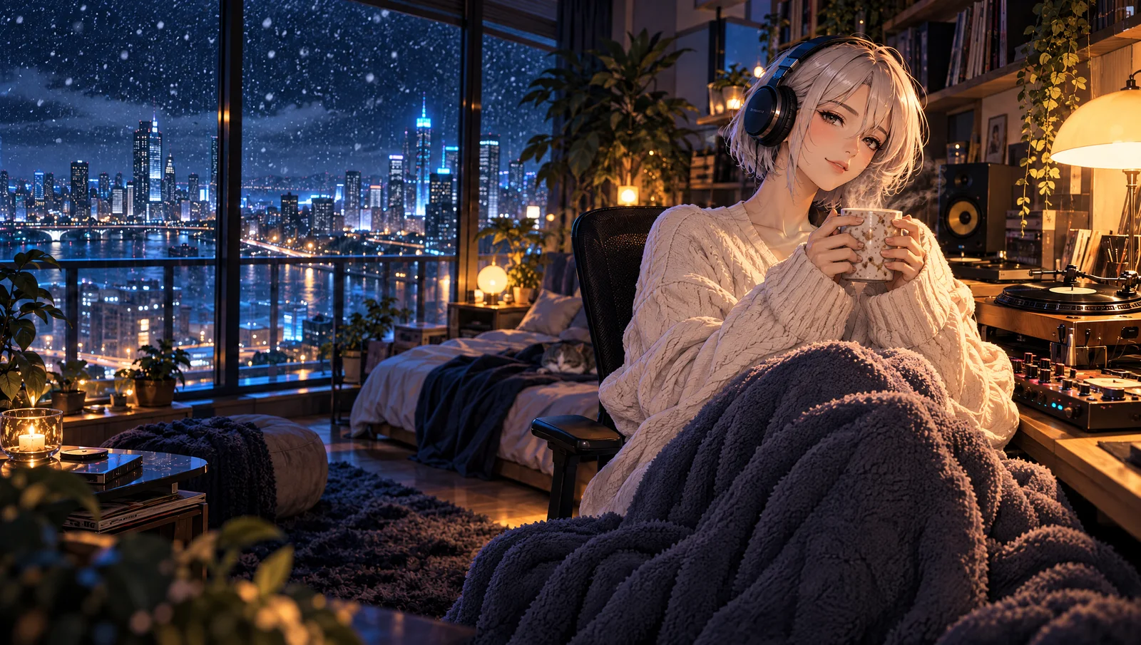 Concept: LTC Girl in a knit sweater holding a steaming mug while snow falls outside the studio window.